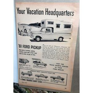 1961 Ford Pickup Truck with Camper Print Ad vintage 60s
